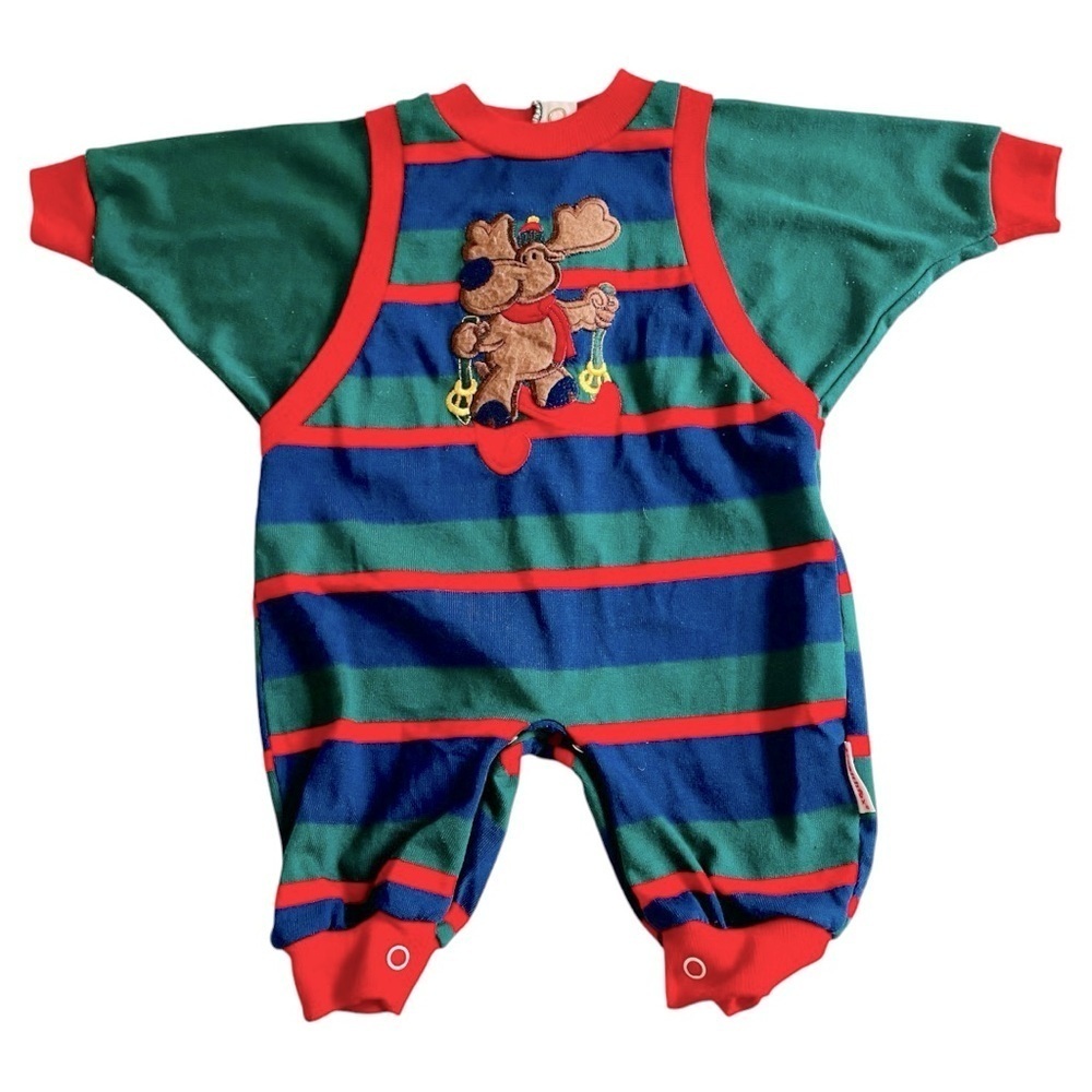 Vintage Unisex Blue and Green Moose Holiday Bodysuit 0-5 Months